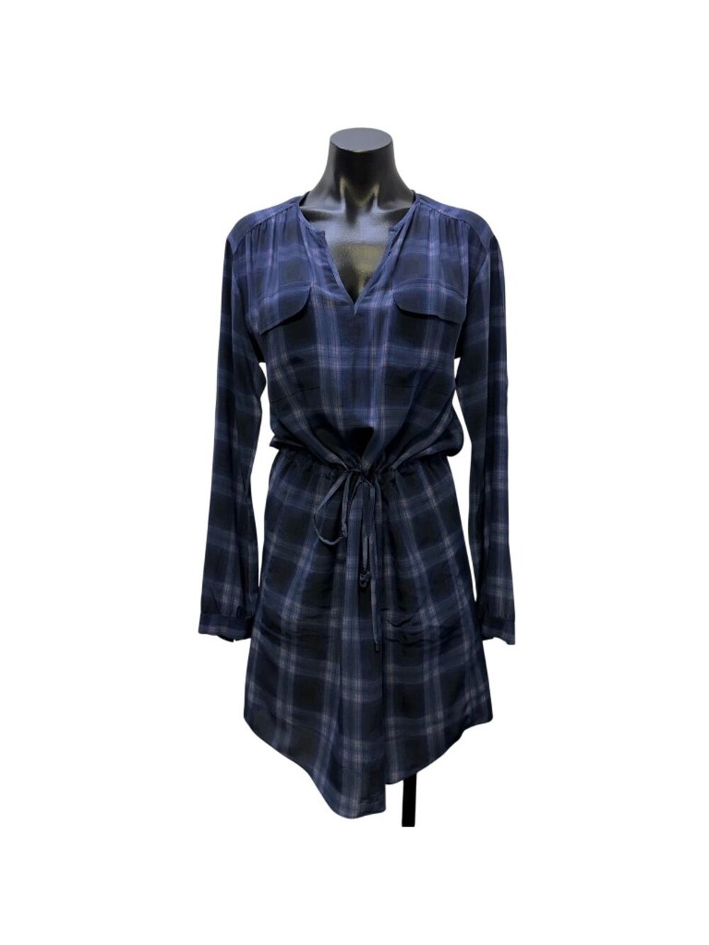 Rebecca Taylor Silk Blend Plaid Long Sleeve Tie Waist Dress Navy Purple 2